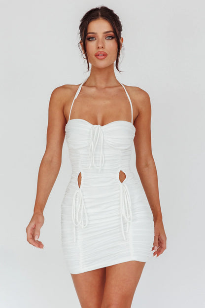 Harli Ruched Drawstring Keyhole Mini Dress White