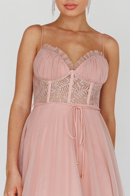 Trophy Lace Bodice Mesh Midi Dress Blush